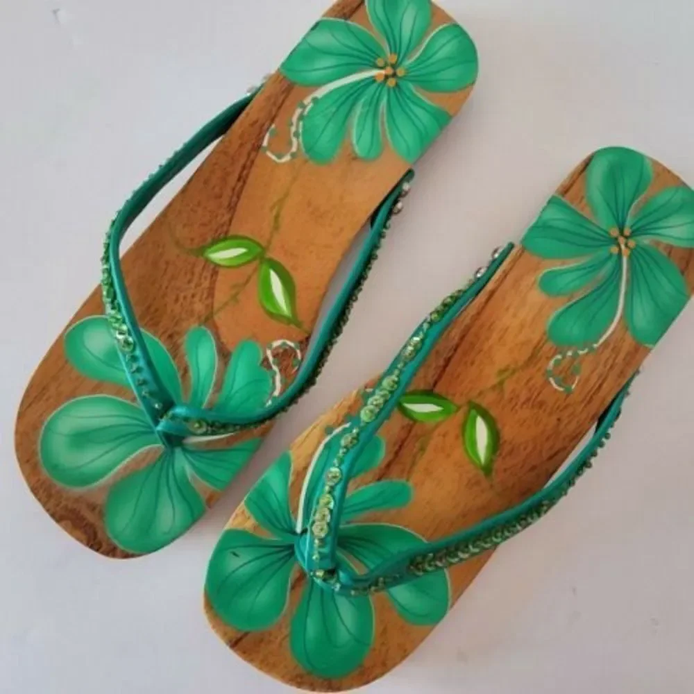 Hand Painted Wooden Sandals Green Floral Pattern Decor